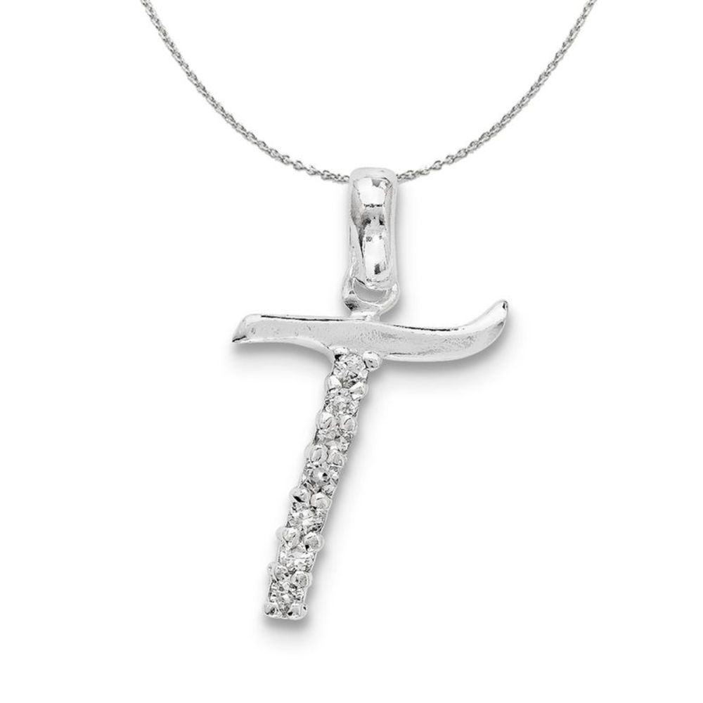 Sterling Silver and CZ, Lauren Collection, Initial T Necklace - 16 In